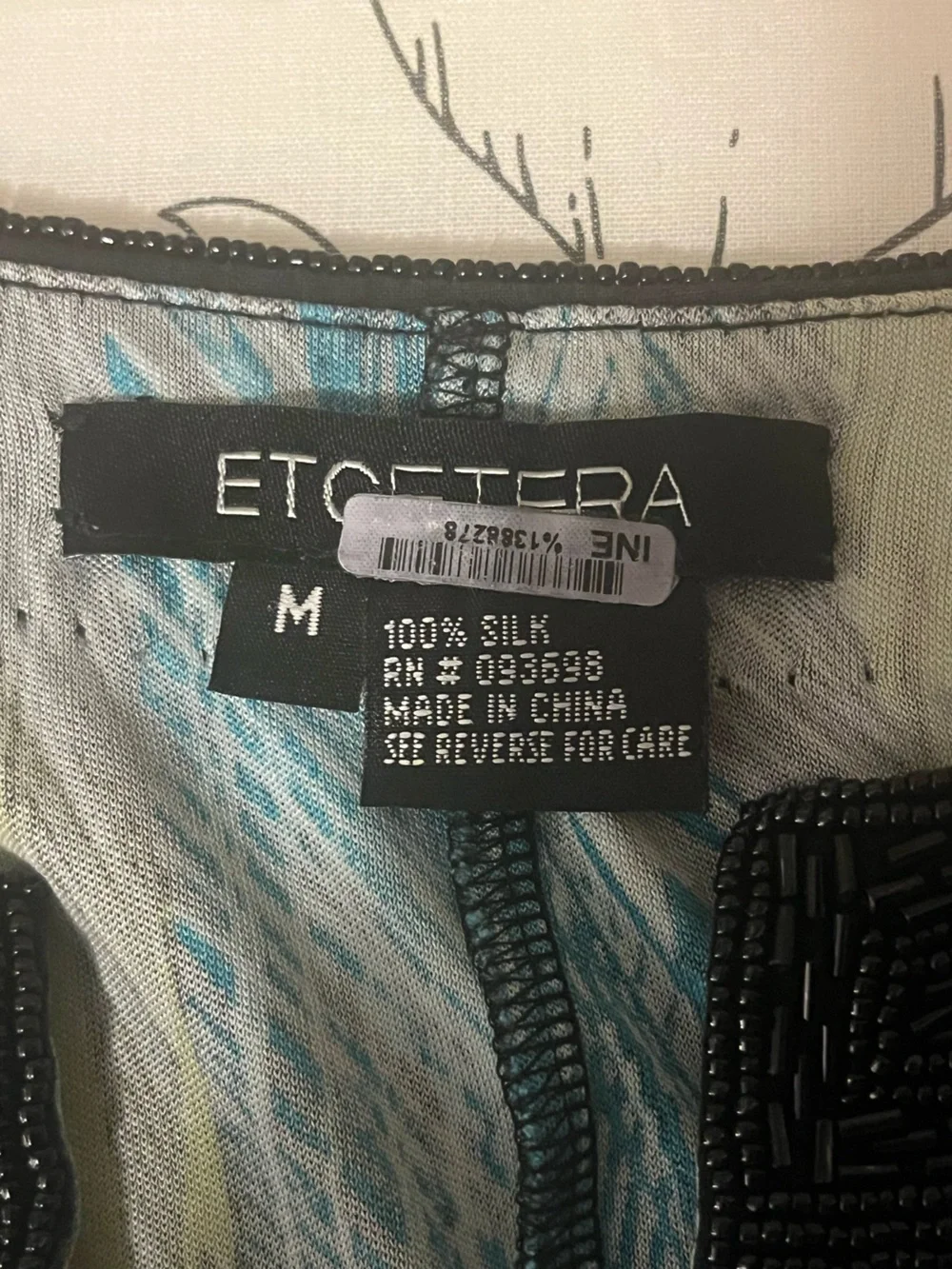 Etcetera Turquoise Patterned Deep V-Neck Tunic with Black Beaded Trim, Medium